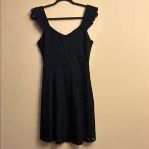 NWOT Gorgeous Navy Blue Lace Fit and Flare Dress with V-Neck and Flutter Sleeves
